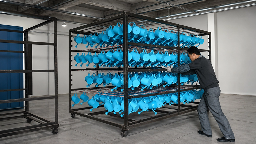 Blue watering cans drying on production racks
